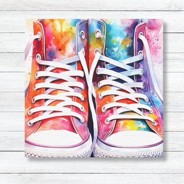 Impressão Em Tela Rainbow Sneakers Watercolor (Rainbow High Top Sneakers Watercolor Wall Art for Kids Decor)