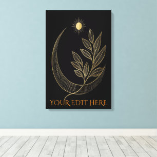 Impressão Em Tela Ramo Dourado Zen Espírito Sol e Lua Crescente