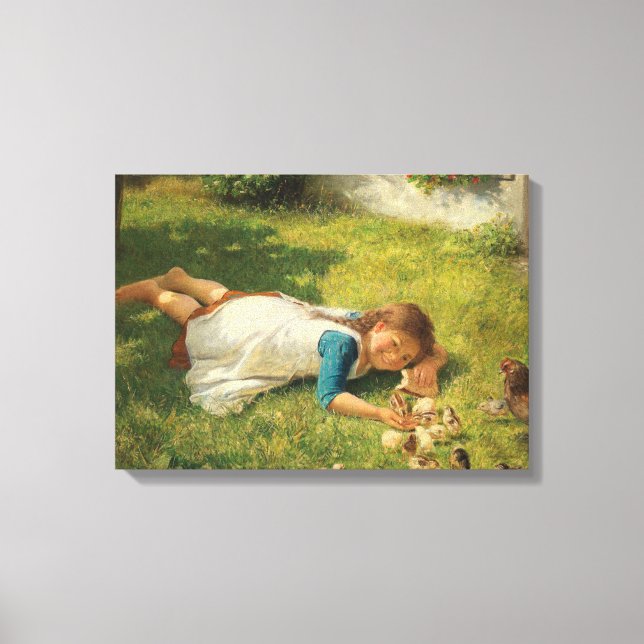 Impressão Em Tela Rapariga Brincando com Pintinhos (Galinha e Galinh (Frente)