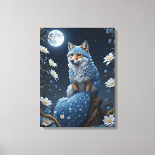 Impressão Em Tela Raposa azul e branca com flores e lua