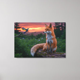Impressão Em Tela Raposa e Pássaro ao Pôr do Sol – Floresta Tranquil