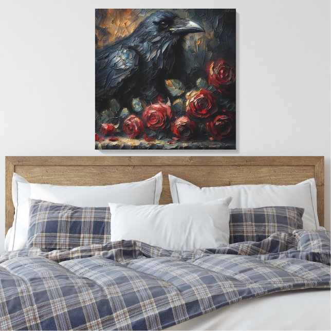 Impressão Em Tela Raven and Red Roses Gothic Art (Insitu(Quarto))
