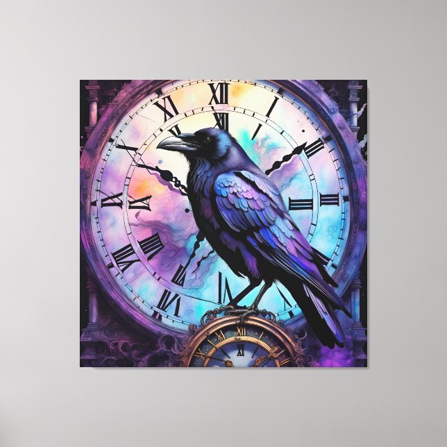 Impressão Em Tela Raven na Aquarela Clock (Frente)