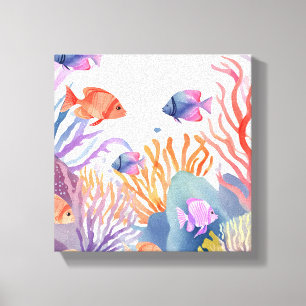 Impressão Em Tela Recife de Coral   Peixes Coloridos de Aquarela Oce