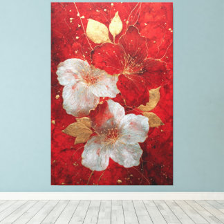 Impressão Em Tela Red and White Gold Floral Abstract Wall Art
