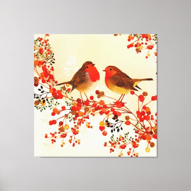 Impressão Em Tela Red Dourado Winter Birds Holly Berry Branches (Frente)