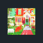 Impressão Em Tela Red Victorian House Wrap Around Porch<br><div class="desc">Mixed media drawing and digital of vintage red Victorian house in lush yard setting with flowers,  bushes and tree.</div>