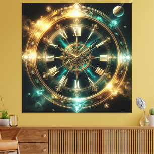 Impressão Em Tela Relógio Astronômico Com Embelezamentos Dourados