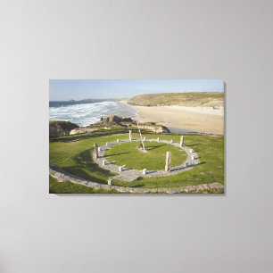 Impressão Em Tela Relógio de sol e praia de Perranporth, Cornwall,