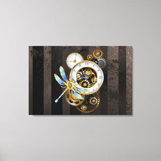 Impressão Em Tela Relógio Steampunk com Dragonfly Mecânica (Frente)