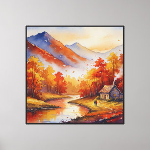 Impressão Em Tela Retiro de Montanha de Outono Arte em Aquarela