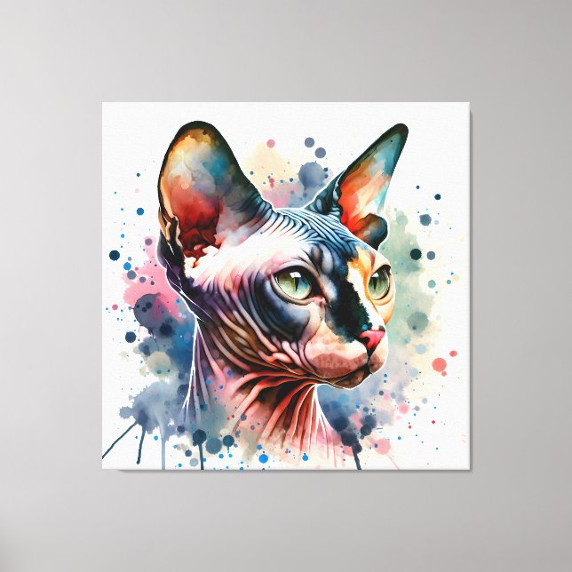 Impressão Em Tela Retrato Artístico De Gato Esfingx Por Aquarela (Frente)