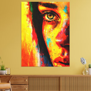Impressão Em Tela Retrato Colorido de Mulher Olhar Vibrante de Perto