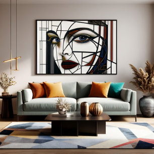 Impressão Em Tela Retrato Cubista de Mulher em Vitral
