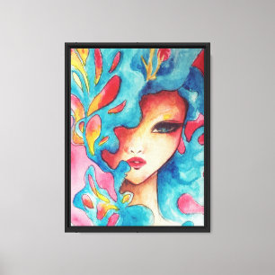Impressão Em Tela Retrato de Aquarela Surreal com Elementos Florais
