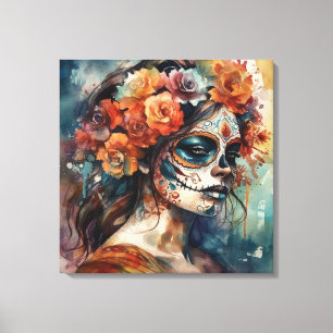 Impressão Em Tela Retrato de Catrina em Aquarela do Día de los Muert