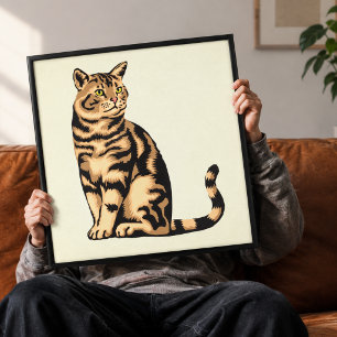 Impressão Em Tela Retrato de Gato Tabby Vintage em Tela na Parede