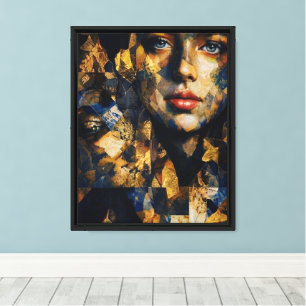 Impressão Em Tela Retrato de Mulher em Mosaico Azul e Dourado Elegan