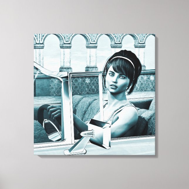 Impressão Em Tela Retrato de Mulher Glamour Azul Vintage (Frente)