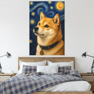 Impressão Em Tela Retrato de Shiba Inu da Noite Estrelada