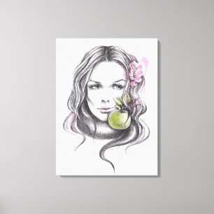 Impressão Em Tela Retrato feminino com maçã e flor Arte surreal