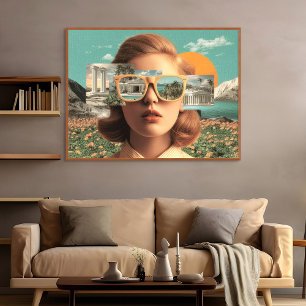Impressão Em Tela Retrato feminino surreal com óculos de sol retrô