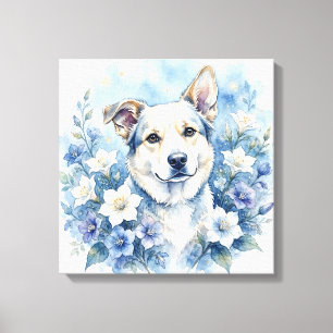 Impressão Em Tela Retrato Floral Botânico de Cachorro em Aquarela