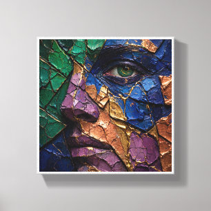 Impressão Em Tela Retrato Fragmentado Impasto com Olho Verde e Gol