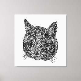 Impressão Em Tela Retrato Ornamental de Gato Negro e Branco
