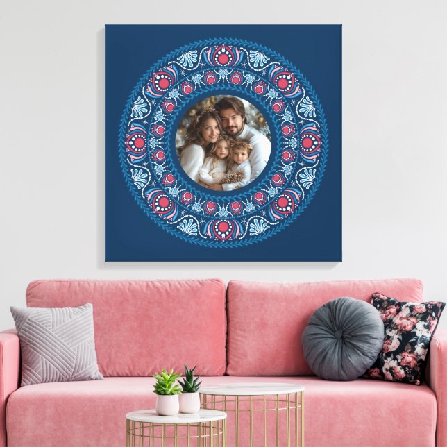 Impressão Em Tela Retrato Personalizado Família Azul Festivo Mandala (Insitu(Sala de estar))