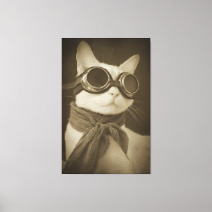 Impressão Em Tela Retrato Sepia de Gato Aviador Steampunk