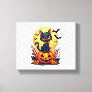 Impressão Em Tela Retro Black Cat Pumpkin Halloween Fall Aut