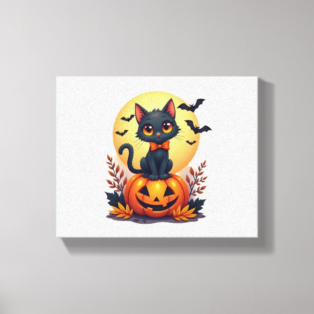 Impressão Em Tela Retro Black Cat Pumpkin Halloween Fall Aut (Frente)