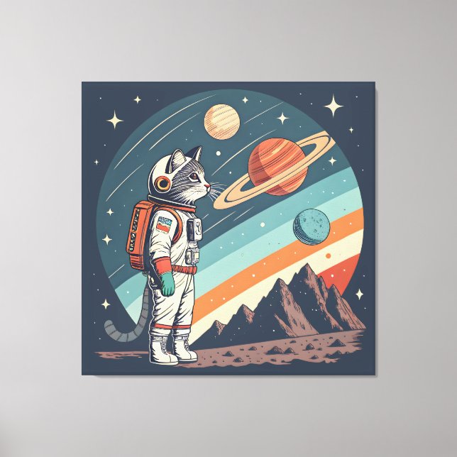 Impressão Em Tela Retro Cat Astronaut Cosmic Space Illustration (Frente)