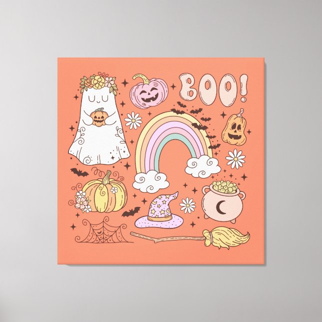 Impressão Em Tela Retro Halloween Ghost Pumpkin Spider Web Hat (Frente)