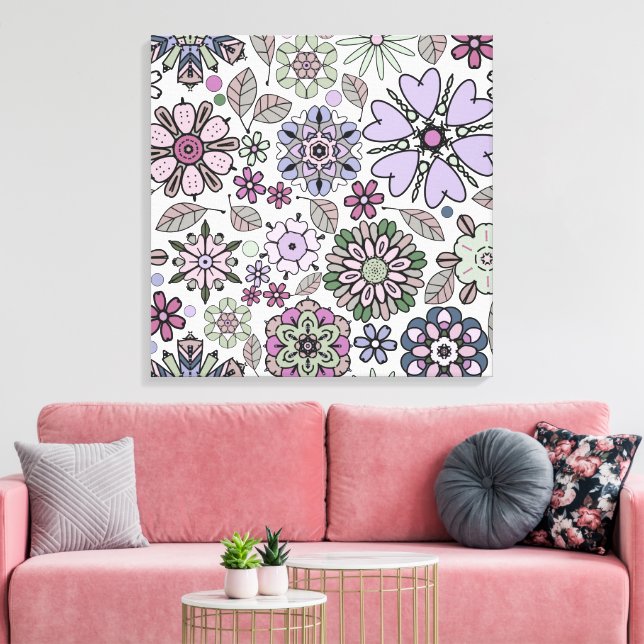 Impressão Em Tela Retro Pastel Pink Purple Floral Seamless Pattern (Insitu(Sala de estar))