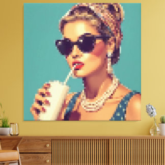 Impressão Em Tela Retrô Pixel Art Mulher Glamour Vintage Anos 50