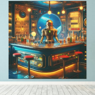 Impressão Em Tela Robô Barman em Bar de Mergulho da Era Espacial Int