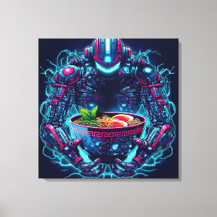 Impressão Em Tela Robô Futurista Ciberpunk Neon Comida Ramen