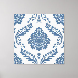 Impressão Em Tela Rococo Damask Padrão Grande Azul no Branco