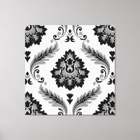 Rococo Damask Padrão Grande Cinza Preto Branco