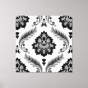 Impressão Em Tela Rococo Damask Padrão Grande Cinza Preto Branco