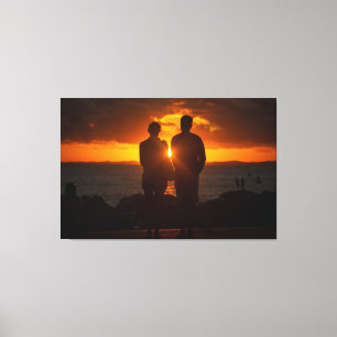 Impressão Em Tela Romantic Couple Silhouettes Watching Golden Ocean