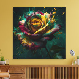 Impressão Em Tela Rosa de Baccara Verde Amarelo Enigmático