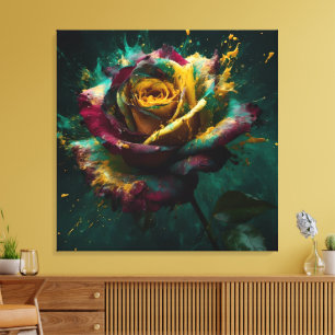 Impressão Em Tela Rosa de Baccara Verde Amarelo Enigmático