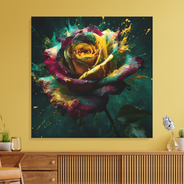 Impressão Em Tela Rosa de Baccara Verde Amarelo Enigmático (Insitu(Sala de estar))