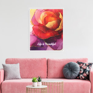 Impressão Em Tela Rosa Floral Românico Vermelho Pêssego Bonito