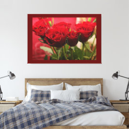 Impressão Em Tela Rosa Vermelha com Folhas Fundo Vermelho Escuro Pre