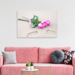 Impressão Em Tela rosas cor-de-rosa e pegadas na areia