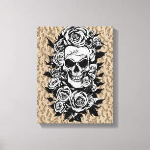 Impressão Em Tela Rosas de crânio humano Gótico de tinta original